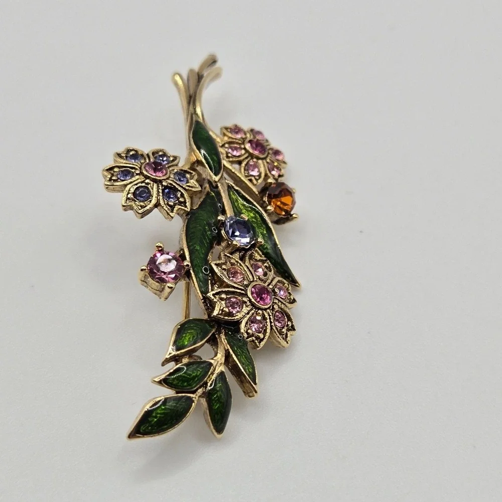 Vtg‎ Floral Brooch Gold Tone Enamel Rhinestone 2.5